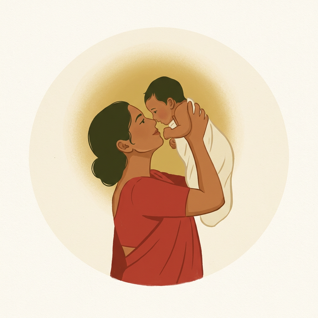 Mother holding her baby - Donna gouache illustration