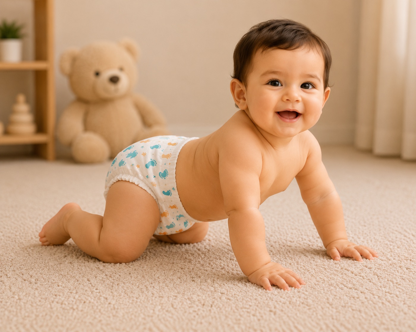 Baby crawling in a Donna XL diaper