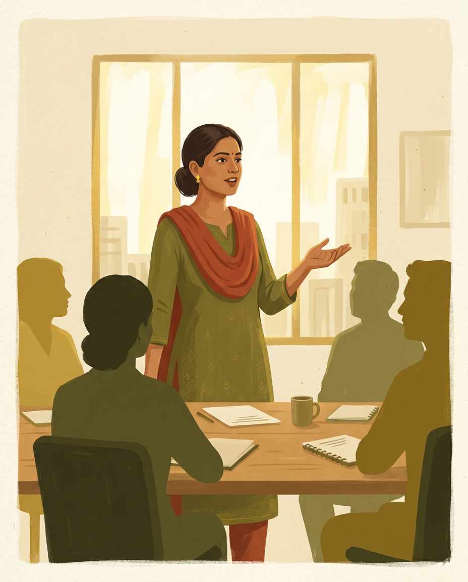 Confident in the meeting - gouache illustration