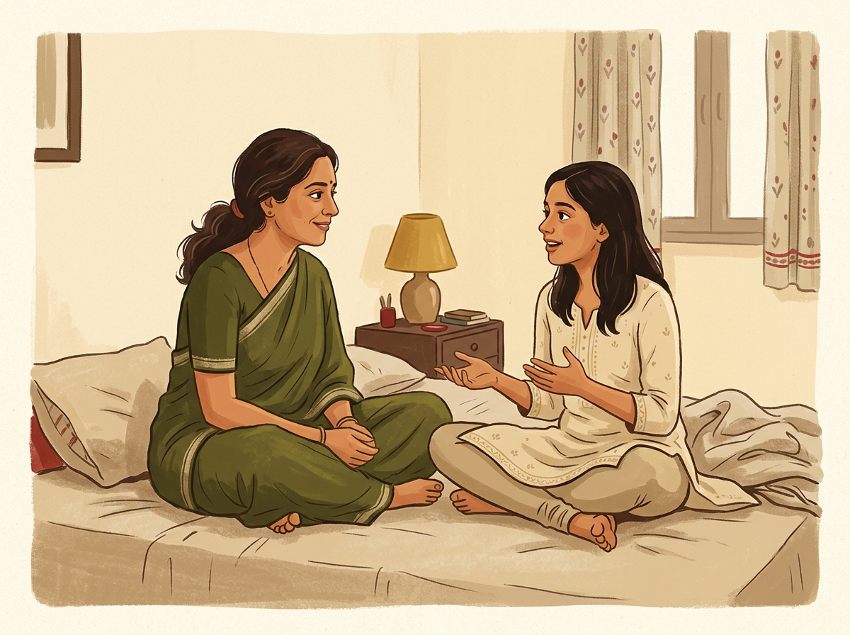 Mother and daughter talking - gouache illustration