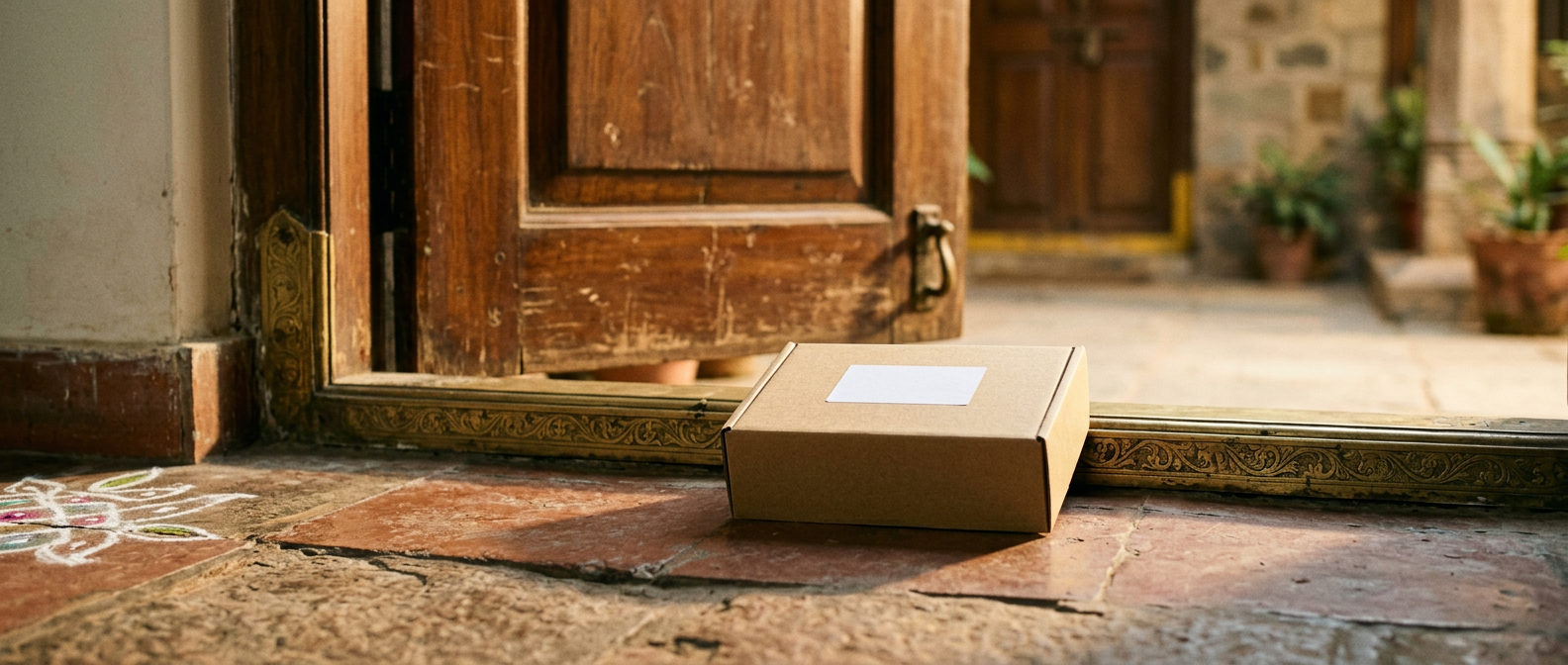 Plain kraft Donna box on a doorstep, morning light - label shows only a name